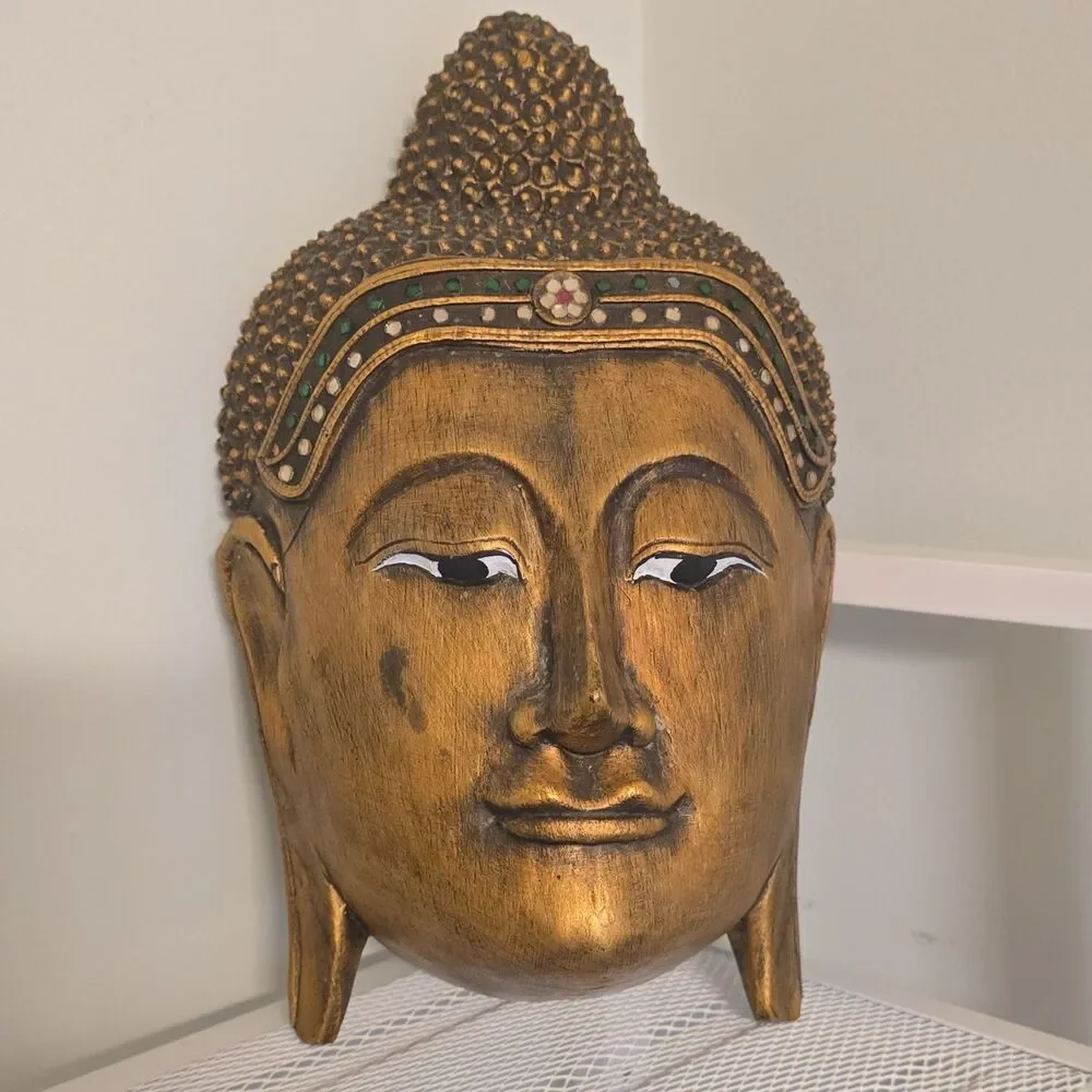 Wooden Buddha Head Bust Sculpture Gold Brown Matte Finish Asian Wall Decor